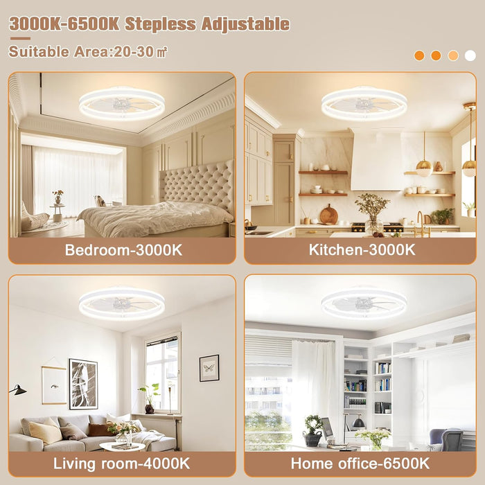 Low Profile Ceiling Fans with Lights and Remote, 23.6In Flush Mount Ceiling Fans with Light, 3000K-6500K Dimmable Fandelier LED Fan Light, White Bladeless Ceiling Fans with Lights for Bedroom