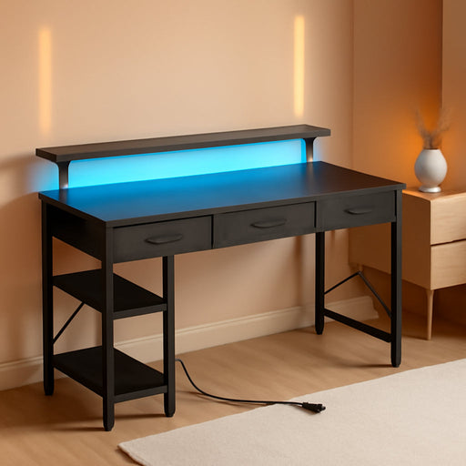 Computer Desk with Power Outlets & LED Light, 47 Inch Home Office Desk with 3 Drawers and Storage Shelves, Writing Desk with Monitor Stand, Modern Work Desk for Home Office, Carbon Black