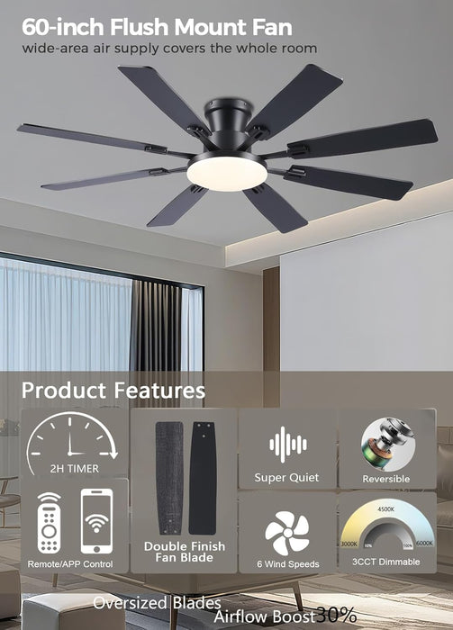 60Inch Ceiling Fan with Lights and Remotes, Large Low Profile Flush Mount Ceiling Fans,Dc Reversible Motor, 3CCT Dimmable,Noiseless,Dual Finish, Black 6 Speeds Ceiling Fan for Indoor/Outdoor