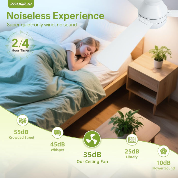 42" White Ceiling Fans with Lights and Remote, Low Profile Ceiling Fan with Light, Reversible DC Motors, 3CCT Dimmable Timer Noiseless, Flush Mount Ceiling Fan for Bedroom/Living Room