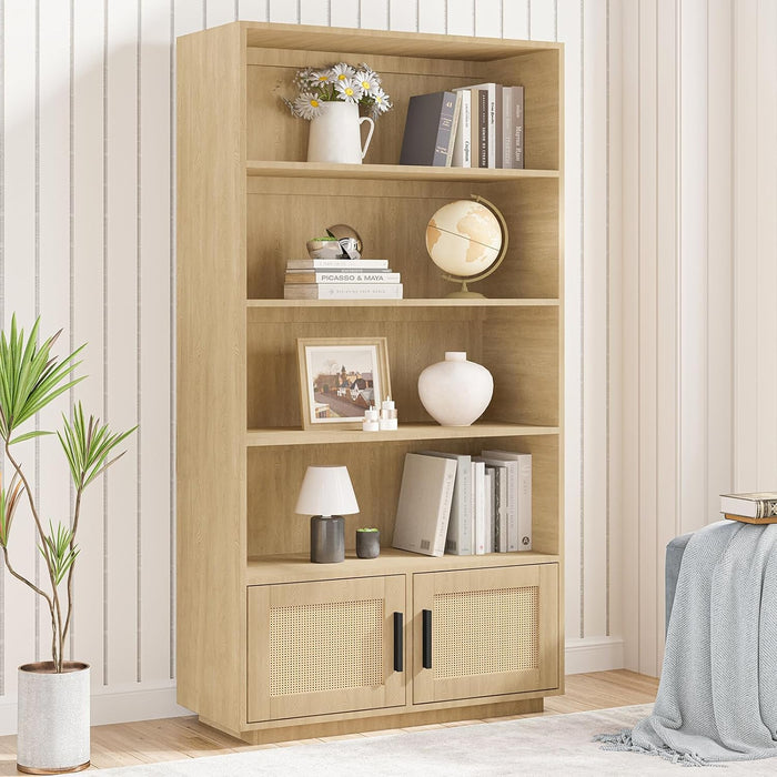5 Tier Bookshelf, Boho Bookcase with Rattan Doors - Wood | Wooden Bookcase and Bookshelf with Storage, Tall Book Stand, Large Bookshelf for Living Room, Bedroom, Home Office, Kitchen