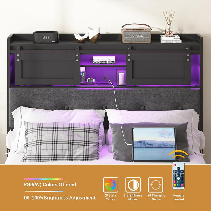 Queen Size Headboard Only with Storage, Upholstered Headboard with Charging Station and LED Light, Sturdy and Stable, Easy to Assemble (Black+Barn Door, Queen)