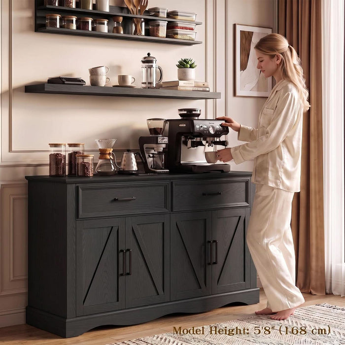 56" Farmhouse Black Buffet Cabinet with Charging Station