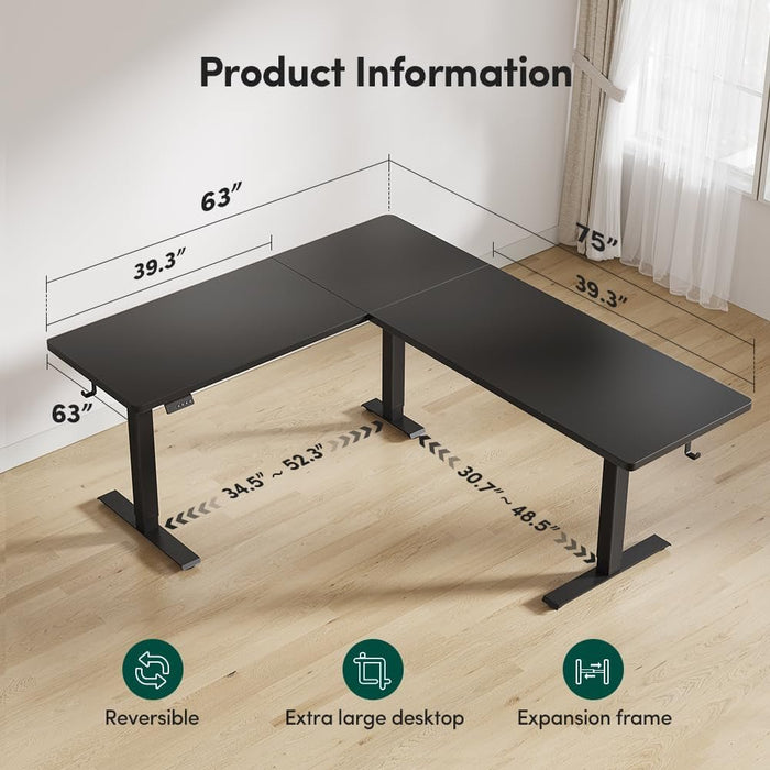 75 * 63" L Shaped Standing Desk, Electric Height Adjustable L Shaped Desk, Suitable for Home Office, Black - ShipItFurniture