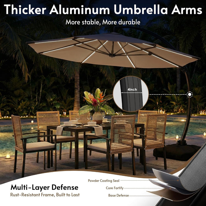 11FT Solar Powered LED Light Cantilever Patio Umbrella with Base Included, Large Cantilever Umbrella with 360°Rotation, Heavy-Duty Offset Outdoor Umbrella for Patio,Pool,Backyard (Champagne)