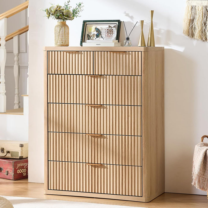 Fluted 6 Drawers Dresser for Bedroom, 42" Tall Modern Chest of Drawers with Metal Handle, Curved Profile Design,Natural Wood Drawer Organizer for Bedroom, Living Room, Hallway, Entryway
