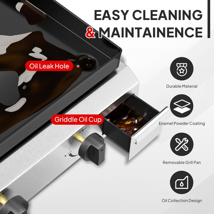 4 Burner Portable Propane Griddle with Enameled Tray & Lid, 40,000 BTU Tabletop Flat Top Gas Grill with Electronic Ignition & Regulator for Outdoor Cooking Camping BBQ Tailgating