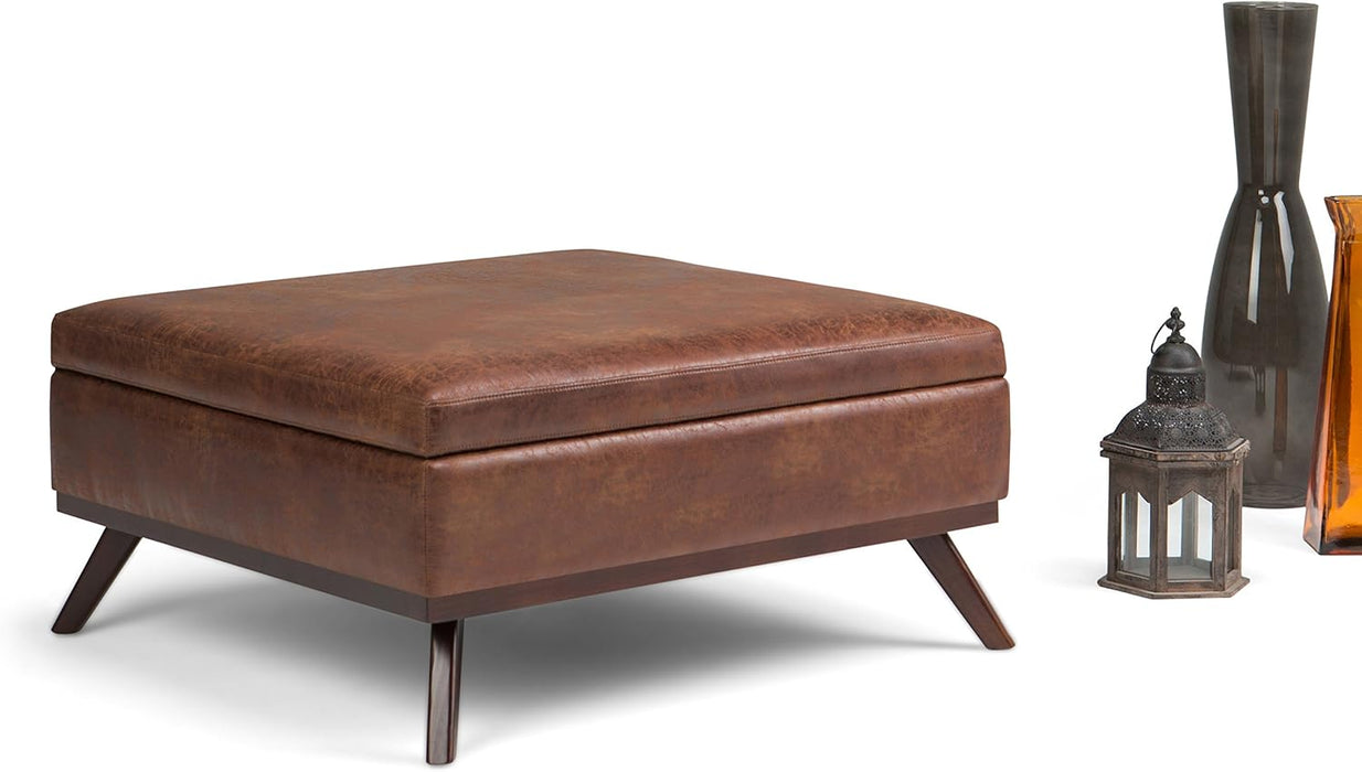 Owen 36 Inch Wide Mid Century Modern Square Coffee Table Storage Ottoman in Distressed Saddle Brown Vegan Faux Leather, Assembled, for the Living Room, Entryway and Family Room