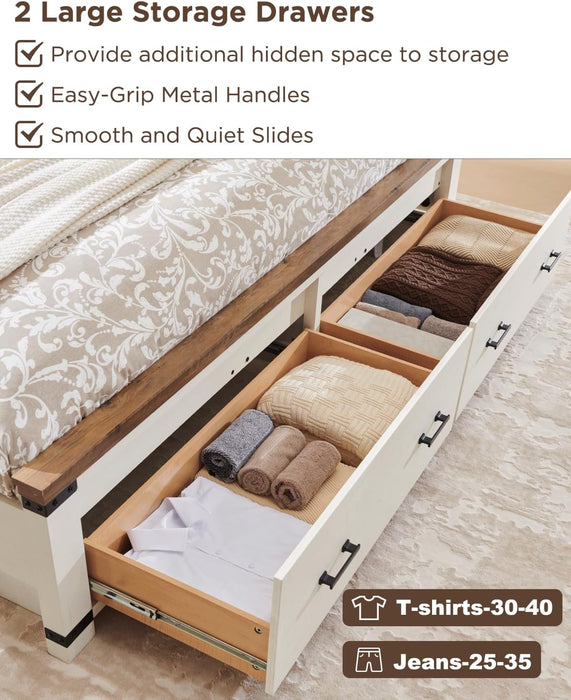 Farmhouse King Size Wood Bed Frame with 54" Tall Geometric Headboard, 2 Large Storage Drawers, Solid Wood Slats Support, Noise Free, No Box Spring Needed, Antique White