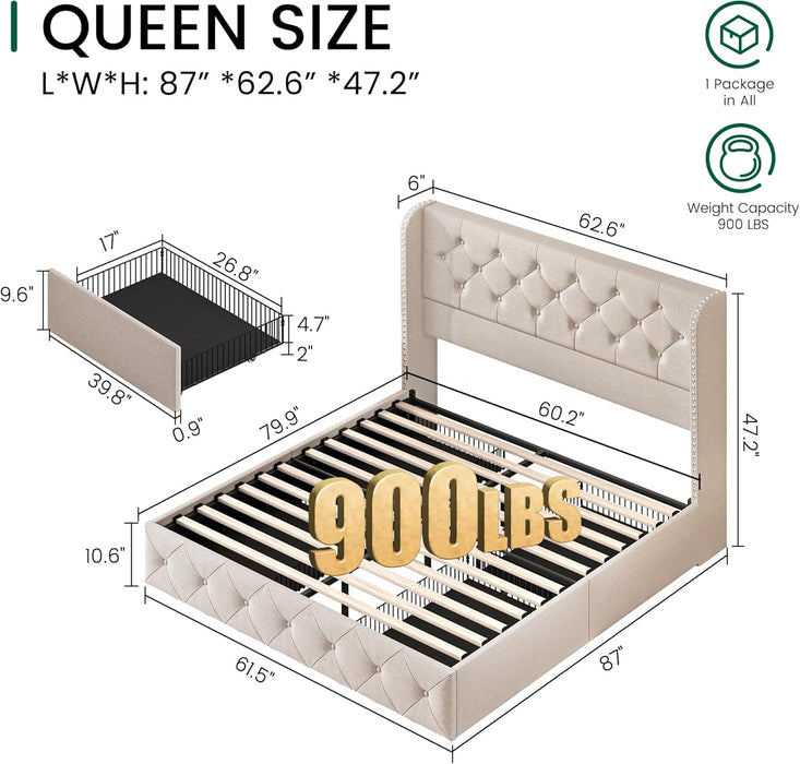 Queen Size Bed Frame with 4 Storage Drawers and Tufted Headboard Linen Upholstered Platform Bed Frame Wingback Beds with Wooden Slats Support, Easy Assembly, Beige