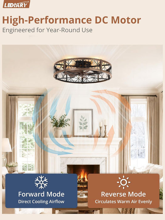 26" Flush Mount Caged Ceiling Fan with Light and Remote, Black Gold