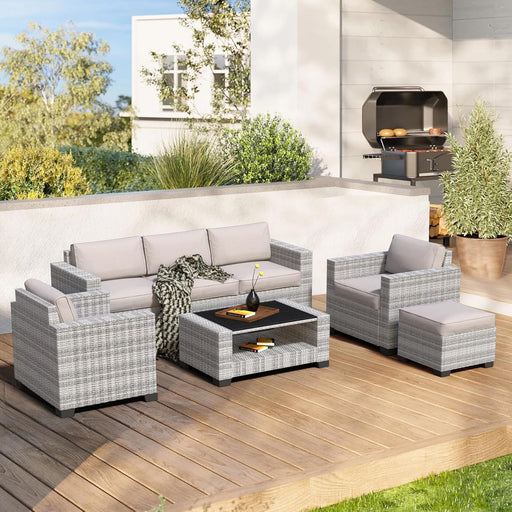 7-Piece Outdoor Sectional Patio Furniture Set, All-Weather Wicker Rattan Sofa W/ Thick Washable Cushions & Tempered Glass Table, Perfect for Garden, Poolside, Backyard (Grey-White, off White)