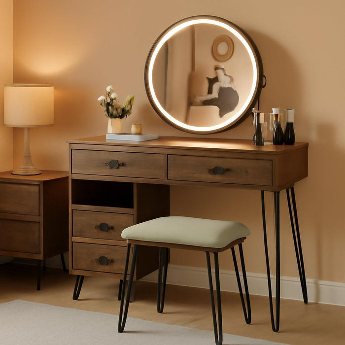 Vanity Desk with Reversible Side Cabinet, Makeup Vanity Table with Lighted Mirror, 3 Color Lights, 4 Drawers, Bedroom Dressing Table with Nightstand and Stool, Rustic Brown