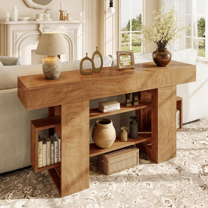 63 Inches Entryway Table, Wooden Console Table with Storage, Narrow Sofa Table behind Couch, Farmhouse Long Entry Hallway Tables for Entrance, Foyer, Living Room, Natural Brown