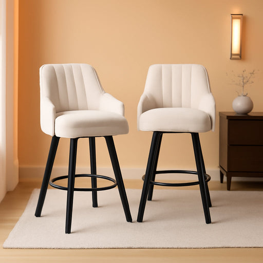 26" H Swivel Barstools Counter Height Bar Stool Set of 2, Beige | Linen Fabric Upholstered, Modern Counter Stool with Back, Kitchen High Chairs, Solid Wood Legs, Easy to Install