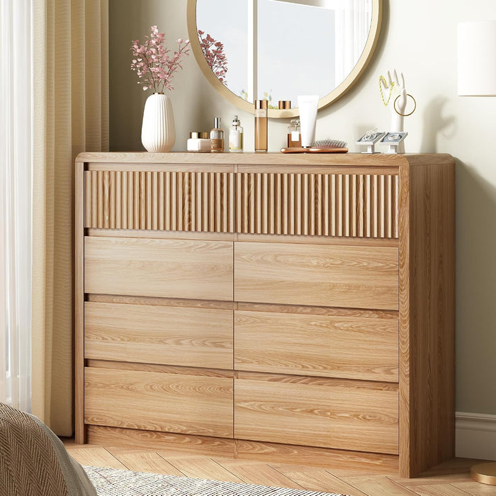 Oak Fluted 8 Drawer Dresser for Bedroom, Curved Edge, 50" Wide