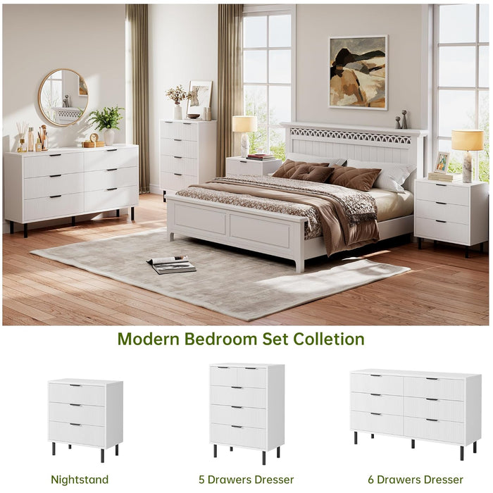 White Fluted 6 Drawer Dresser, Wide Wood Double Dresser with Metal Legs and Handles, Modern Chest of Drawers with Anti-Tipping Design for Bedroom Living Room, Hallway