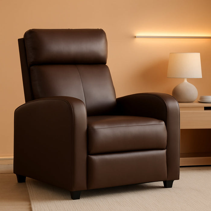 Recliner Chair Single Reclining Sofa Home Theater Seating with Lumbar Support and Padded Backrest for Living Room and Bedroom (Leather, Brown)