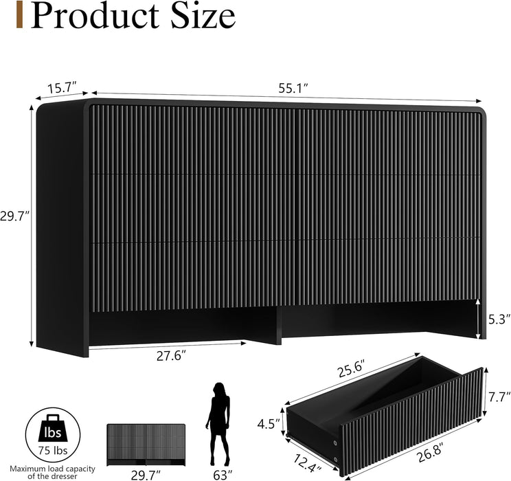Black 6 Drawer Dresser for Bedroom, 55.1" Wide Chest of Drawers