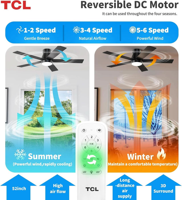 52" Black Ceiling Fan with Light and Remote, Modern LED 3-Color, 3CCT, Quiet Motor for Bedroom, Living Room, Dining Room, Ceiling Fans with Lights (Black)