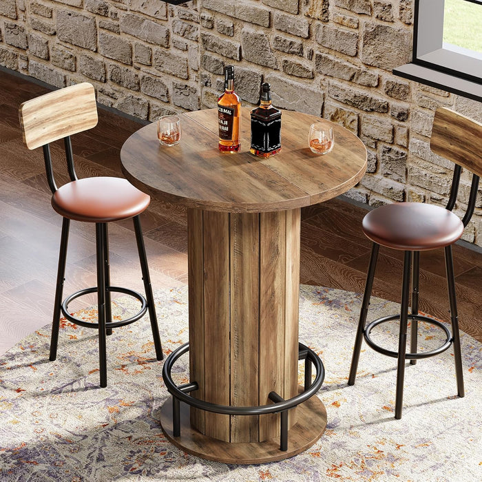 round Bar Table, 39.4" H Wood Bistro Pub Table with Metal Ring Footrest for Dining Coffee Cocktail Living Room, Small Space, Brown(Only Table)