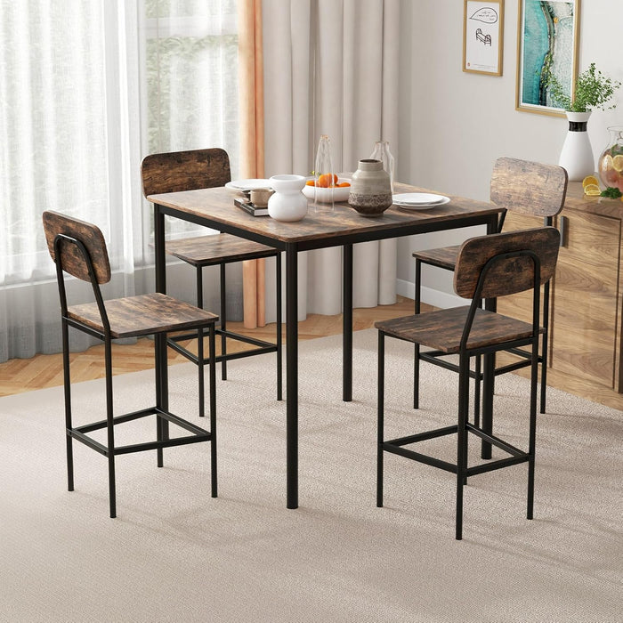 5-Piece Dining Table Set W/Counter Height Table & 4 Bar Stools, Industrial Kitchen Dining Set W/Footrest & Backrest, Space-Saving Dinette Set for Pub, Dining Room, Restaurant (Mix Brown)