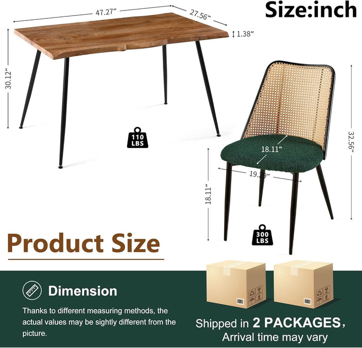 Modern Kitchen Dining Table Set for 4, 5 Pieces Wooden Breakfast Dining Table Set with 4 Upholsetered Boucle Dining Chairs Rattan Backrest,Metal Legs for Dining Room,Living Room