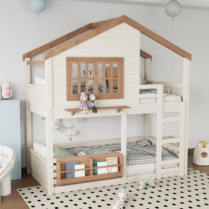 Twin Bunk Bed With Bookshelves Beige LinenFinishPremium