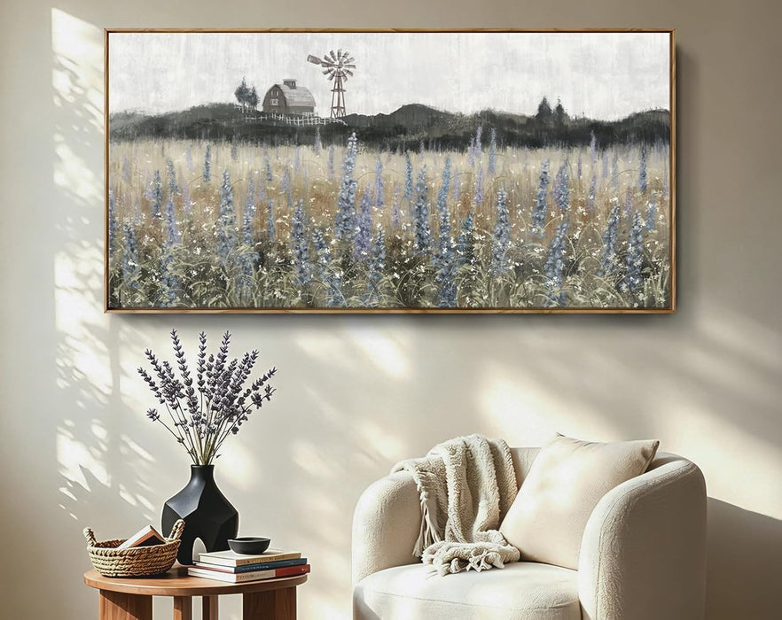 Large Vintage Framed Canvas Wall Art for Living Room, Rustic Farmhouse Countryside Windmill and Barn Landscape Painting, Retro Wildflower Field Meadow Print, 48"X24" Ready to Hang