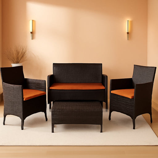 4-Piece Rattan Patio Set, Outdoor/Indoor Wicker Conversation Set for Pool, Backyard, Lawn, Wicker Chairs and Sofa with Soft Cushion, Rattan Furniture with Tempered Glass Coffee Table