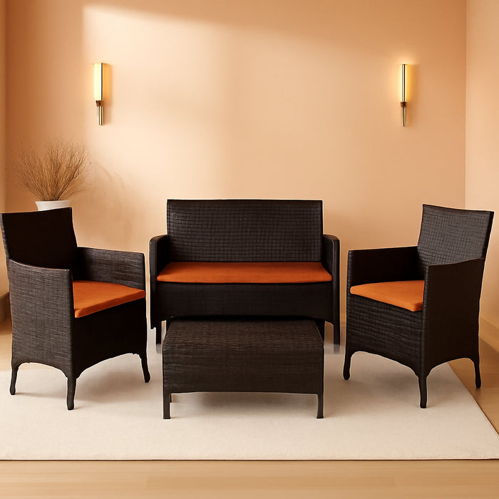 4-Piece Rattan Patio Set, Outdoor/Indoor Wicker Conversation Set for Pool, Backyard, Lawn, Wicker Chairs and Sofa with Soft Cushion, Rattan Furniture with Tempered Glass Coffee Table