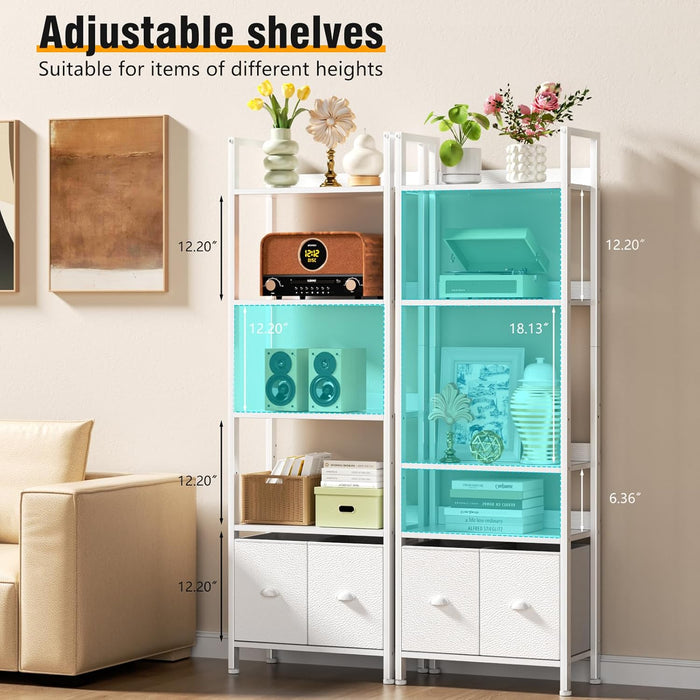 White 5 Tier Bookshelf Featuring Adjustable Drawers