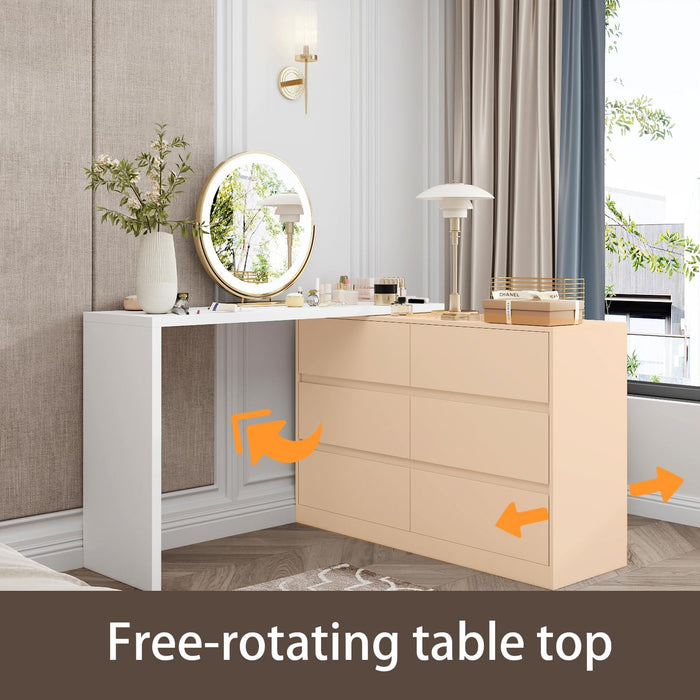 6 Drawer Dresser with Rotatable Tabletop, Modern Chest of Drawers with Extendable Desk (No More than 98" W), Drawer Organizer for Bedroom Home Office, White Dresser