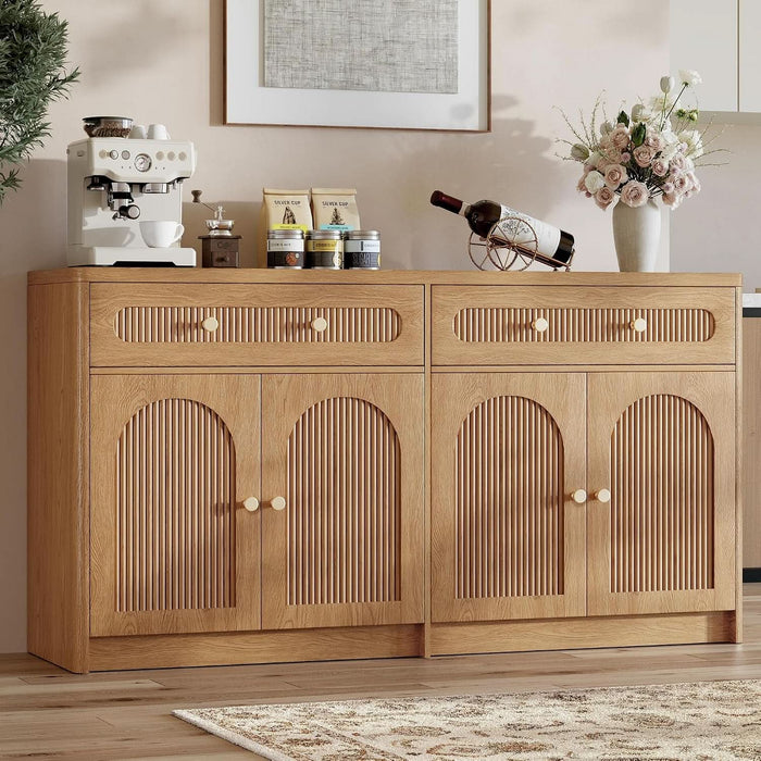 59" W Arched and Fluted Sideboard Buffet Cabinet with Storage, Oak