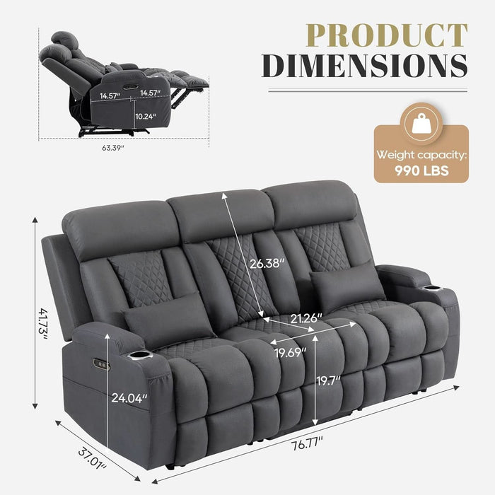 Wall Hugger Power Reclining Sofa with Manual Adjustable Headrest, 80" 3-Seater Couch with Flip-Down Table, Integrated Charging, USB & Type-C Ports, Cup Holders for Living Room, Home Theater, RV (Gray)