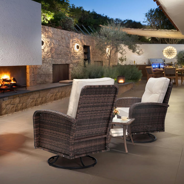 2 Luxury Outdoor Swivel Wicker Glider Patio Chairs with Table Set, Overstuffed Washable Cushions, Ideal for Porch, Balcony, Deck, Brown Rattan and Beige Cushions