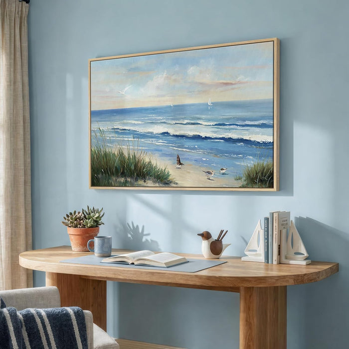 Framed Coastal Beach Blue Canvas Wall Art, Ocean Landscape Prints Paintings, Large Nature Pictures Wall Decor for Bedroom, Dining Room, Bathroom, Office, Kitchen, Farmhouse Living Room, 24X36 In