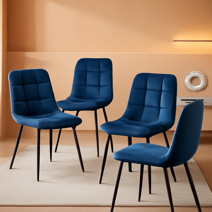 Navy Blue Velvet Dinner Chairs Set of 4, Modern Armless Biscuit Tufted Dining Side Chairs with Metal Legs for Kitchen Living Room Vanity