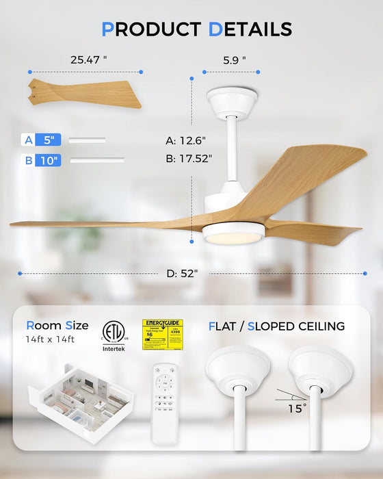 52'' Coastal Grade White Ceiling Fan with Light and Remote, Corrosion Resistant Indoor Outdoor Fan, Quiet Reversible Motor, 3CCT Dimmable LED, ABS Blade Fan for Living Room, Patio, ZCCF08WY-52