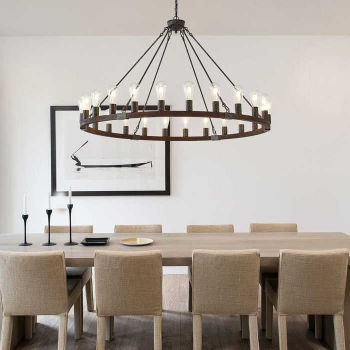 XL Handcrafted MatteBlack Walnut WagonWheel Chandelier