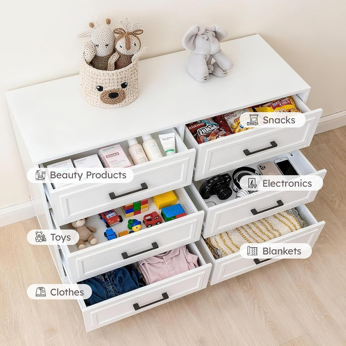 White Dresser for Bedroom, 6 Drawer Kids Dresser, Wood Chest of Drawers