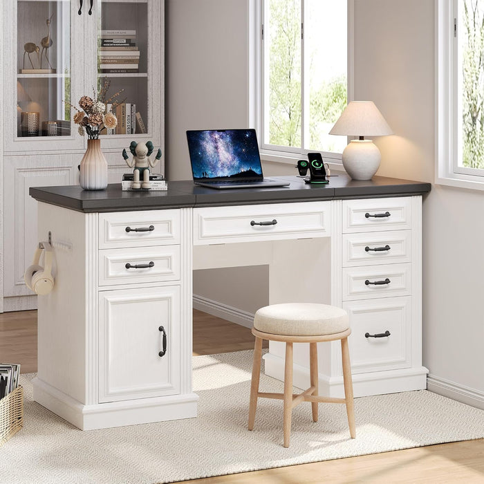 57" Lift Executive Desk with Drawers, Farmhouse Home Office Desk with File Cabinet Storage, Computer Desk with Charging Station & Headphone Hook for Work/Study/Writing (White & Black, Lift)