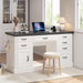 57" Lift Executive Desk with Drawers, Farmhouse Home Office Desk with File Cabinet Storage, Computer Desk with Charging Station & Headphone Hook for Work/Study/Writing (White & Black, Lift)