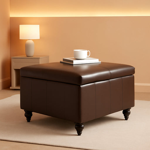 Square Leather Storage Ottoman,Ottoman Coffee Table with Storage for Living Room (Brown)