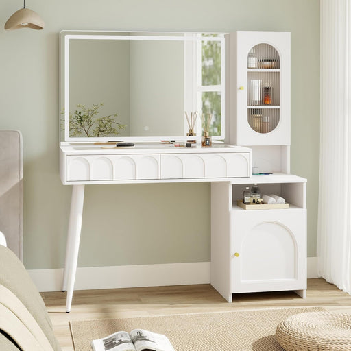 Vanity Desk with Mirror and Lights, 48'' Makeup Vanity with Arch Groove, Fluted Modern Vanity with Glass Top & Storage Cabinet, 3 Lighting Modes Adjustable Brightness for Bedroom, White