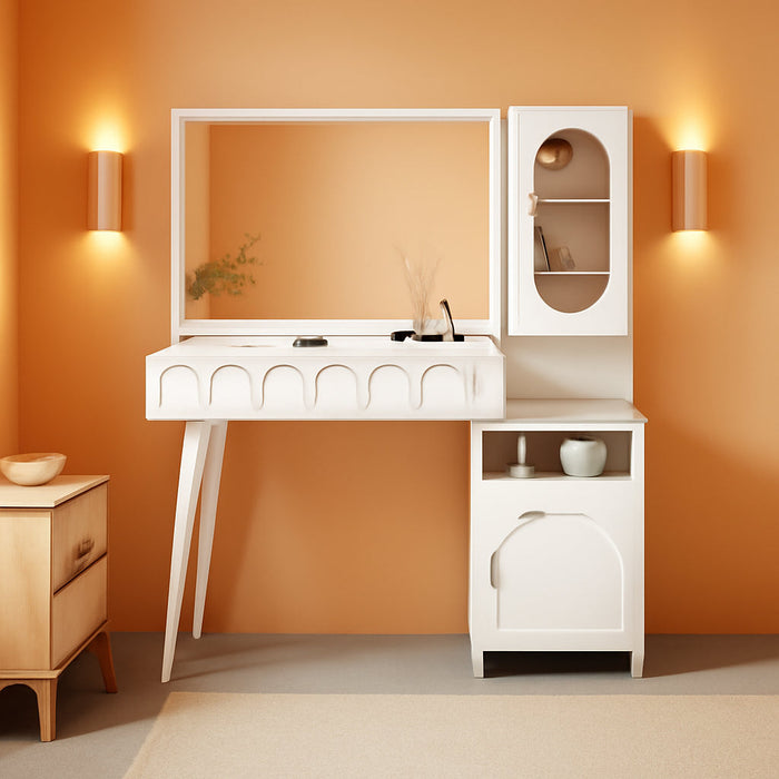 Vanity Desk with Mirror and Lights, 48'' Makeup Vanity with Arch Groove, Fluted Modern Vanity with Glass Top & Storage Cabinet, 3 Lighting Modes Adjustable Brightness for Bedroom, White