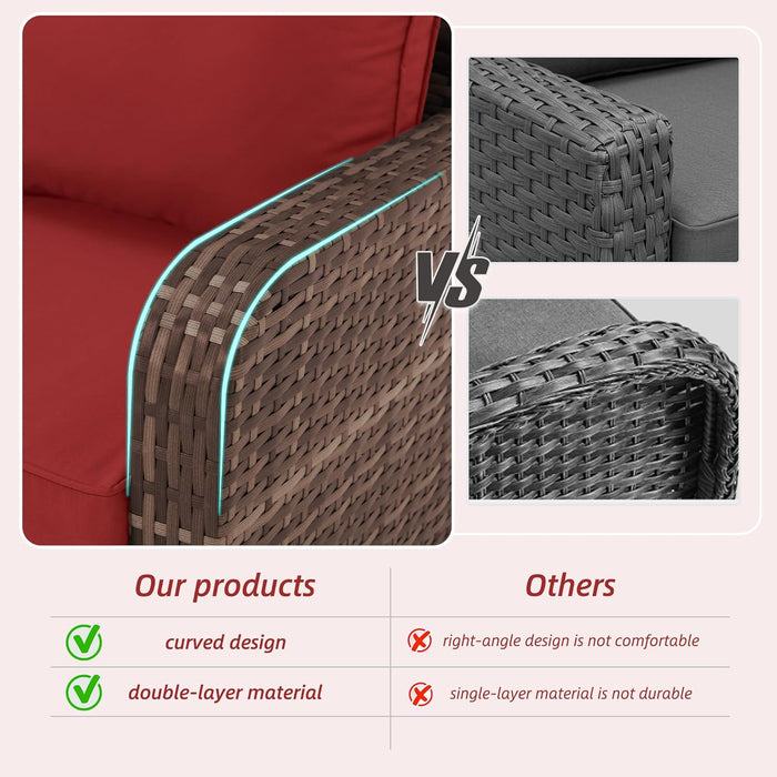 6 Piece Patio Conversation Sets with Sofa Couch, Rattan Wicker Swivel Chairs with 2 Ottoman, Coffee Table & Cushions, Outdoor Furniture Sets for Garden, Poolside, Backyard (Wine Red)