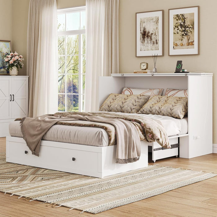 Full Size Murphy Bed with Charging Station - Wall Mounted Hideaway Cabinet Bed, Foldable Panel & Large Storage Drawer for Home Office,Small Room,Guest Bedroom,Living Room, White