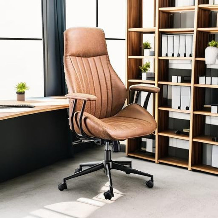 Ergonomic Home Office Chair, Mid-Century Modern Leather Chair with Lumbar Support, High Back Swivel Rolling Executive Chair, Comfy Task Computer Desk Chair (Brown, Suede Leather)