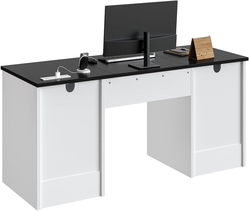 59” Office Desk with Lockable Drawers, Modern Computer Desk with File Drawer, Charging Station & Drop-Front Keyboard Drawer, Executive Desk with Storage Cabinet for Home Office & Studio, White